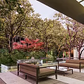 Garden Landscape With Glass Roof Outdoor Seating Water Feature And Red Maple Trees