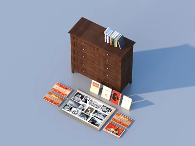Brown Wooden Chest of Drawers With Stacked Books And Scattered Magazines Photo Albums 3d model