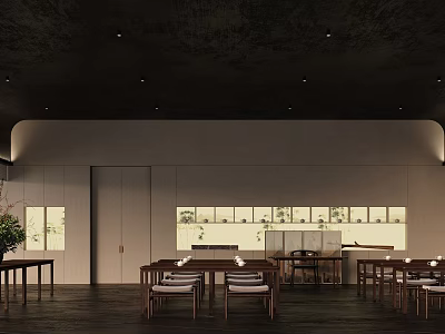 Modern Teahouse Interior Design With Wooden Tables Soft Lighting And Decorative Plants 3d model