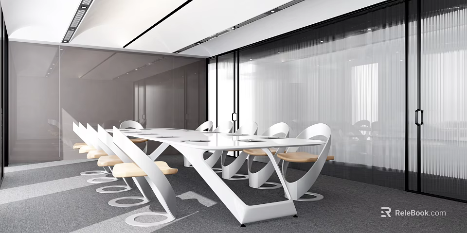 Modern Conference Room Minimalist Interior With White Long Table White Chairs Gray Carpet Glass Partitions 3d model 