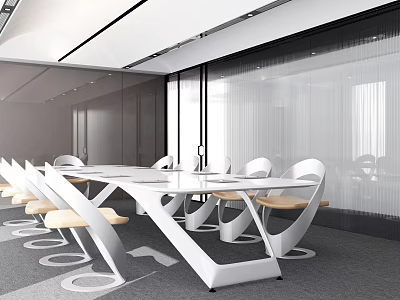 Modern Conference Room Minimalist Interior With White Long Table White Chairs Gray Carpet Glass Partitions 3d model