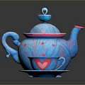 Blue Teapot With Pink Decorations And Matching Teacup Saucer Heart Patterns