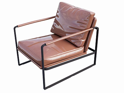 Modern Single Seater Sofa With Brown Leather Cushion And Black Metal Frame 3d model