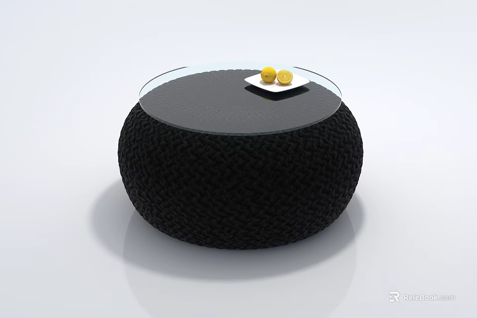 Round Black Woven Coffee Table with Glass Top White Plate and Yellow Fruits 3d model 