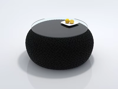 Round Black Woven Coffee Table with Glass Top White Plate and Yellow Fruits 3d model