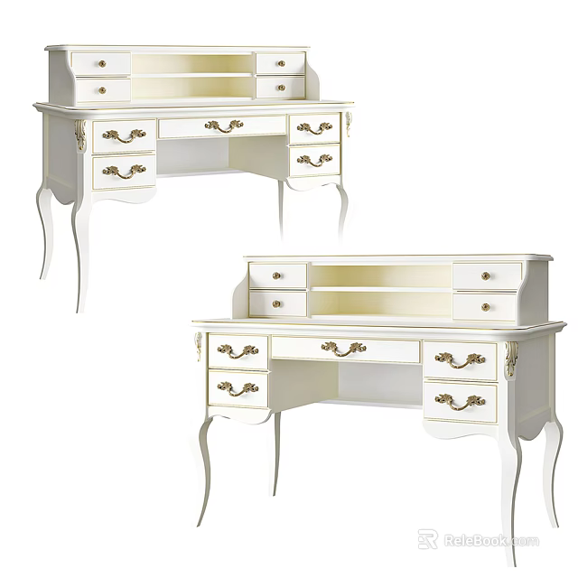 Elegant White Dressing Table With Gold Handles And Carved Drawers For Bedroom Furniture 3d model 