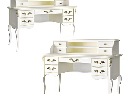 Elegant White Dressing Table With Gold Handles And Carved Drawers For Bedroom Furniture 3d model