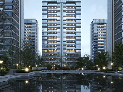 Modern High Rise Residential Buildings With Illuminated Lights And Water Pool Reflections 3d model