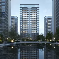 Modern High Rise Residential Buildings With Illuminated Lights And Water Pool Reflections