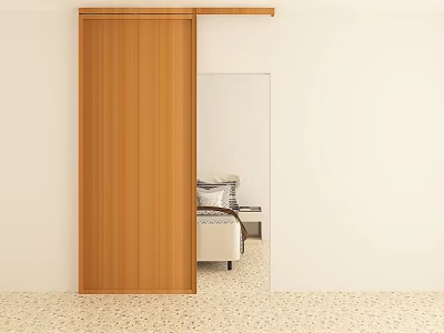 Sliding Wooden Barn Door In Modern Bedroom With White Wall And Light Colored Floor 3d model