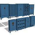 Traditional Chinese Blue Wardrobes With Lattice Doors Carved Patterns And Circular Motifs