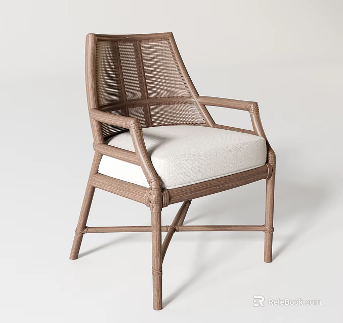 Modern Rattan Leisure Chair With Wooden Frame And Light Colored Cushion 3d model 