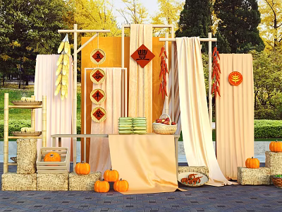 Traditional Chinese Autumn Harvest Photo Spot With Corn Chili Pumpkins Fu Characters And Drapes 3d model