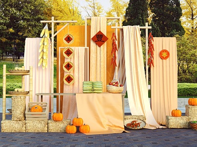 Harvest Festival Mei Chen Sun Autumn Corn Pumpkin Pepper Straw Caopile Folk Tourism Festival Market Photo Wall Net Red Card Point Autumn Harvest Cloth Mantle 3d model