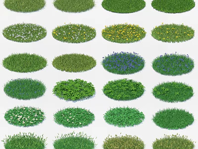 Various Circular Flowers and Grass Patches With Different Green Yellow Blue White Blooms 3d model