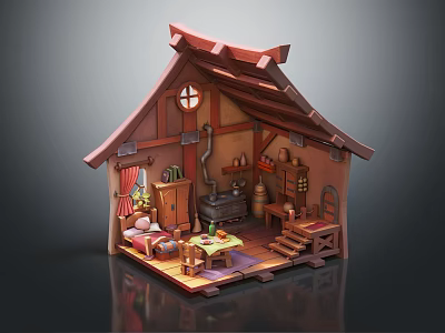 Cartoon Cozy Small House Interior Scene With Wooden Furniture Fireplace And Window Curtains 3d model
