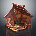 Cartoon Cozy Small House Interior Scene With Wooden Furniture Fireplace And Window Curtains