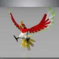 Vibrant Fantasy Bird Character with Red Wings Green Edges and Yellow Tail Feathers