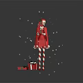Christmas Elf In Red Outfit Holding Gift With Surrounding Gift Boxes And Snowflakes