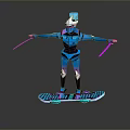 Futuristic Blue Armored Robot Game Movie Character With Pink Weapons And Skateboard Device