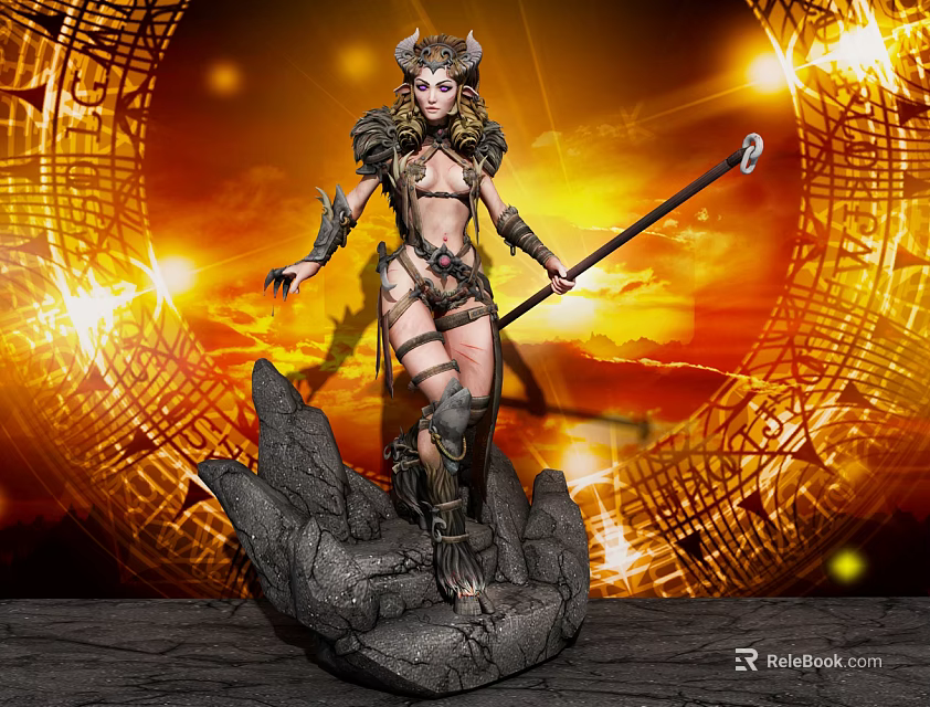 Horned Armored Game Character With Staff On Rock Pedestal Against Sunset Sky And Golden Motifs 3d model 