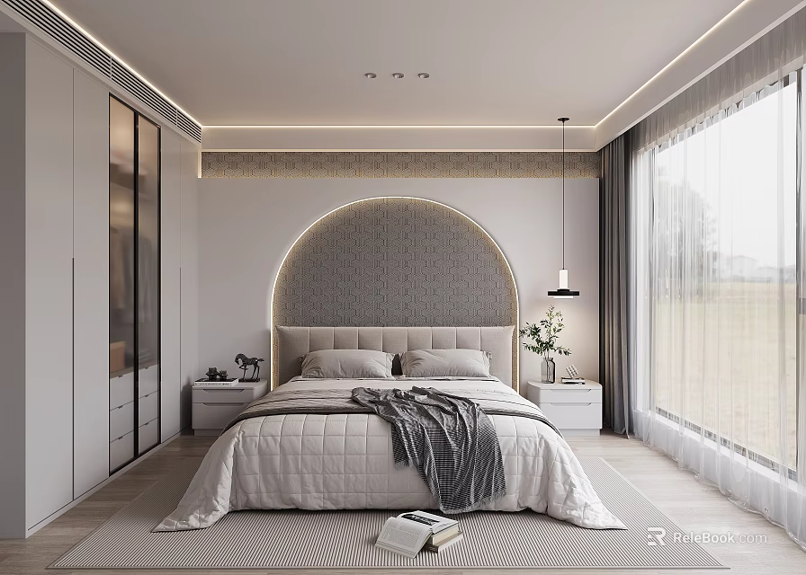 Modern Bedroom Interior With Arched Headboard Wall Nightstands Blanket On Bed Pendant Light And Curtains 3d model 