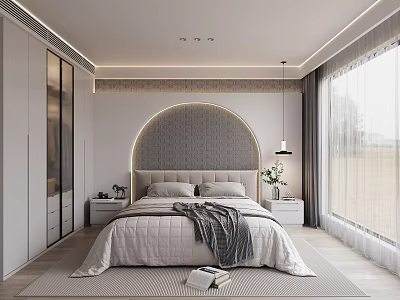 Modern Bedroom Interior With Arched Headboard Wall Nightstands Blanket On Bed Pendant Light And Curtains 3d model