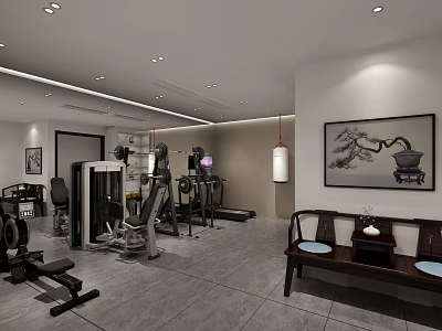 Modern Home Gym Interior With Fitness Equipment Treadmill Weight Machines And Rest Area 3d model