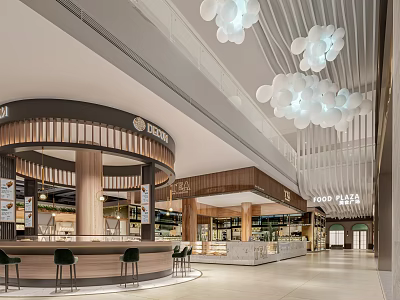 Modern Shopping Mall Lobby With Cloud Shaped Lights And Open Design 3d model
