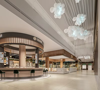 Modern Shopping Mall Lobby With Cloud Shaped Lights And Open Design 3d model