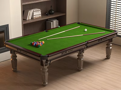 Entertainment Billiard Table With Wooden Legs Green Felt Surface Balls And Cues On Wooden Floor 3d model