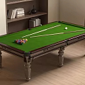 Entertainment Billiard Table With Wooden Legs Green Felt Surface Balls And Cues On Wooden Floor