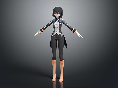 3D Character Model With Black Short Hair Black Coat White Top Brown Boots Open Arms 3d model