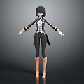 3D Character Model With Black Short Hair Black Coat White Top Brown Boots Open Arms