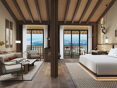 Elegant Hotel Room Interior With Wooden Beam Ceiling Floor To Ceiling Windows And Scenic View 3d model
