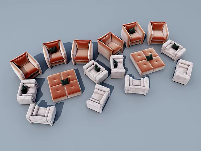 Modern Orange and White Single Sofa Collection with Small Coffee Tables Arrangement 3d model