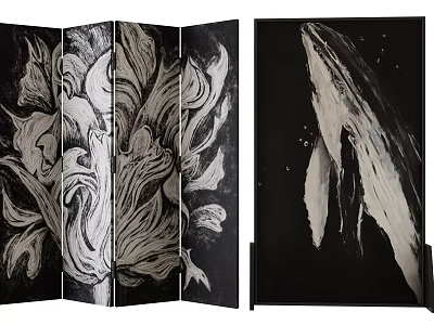 Modern Black and White Abstract Room Divider With Floral And Whale Patterns 3d model