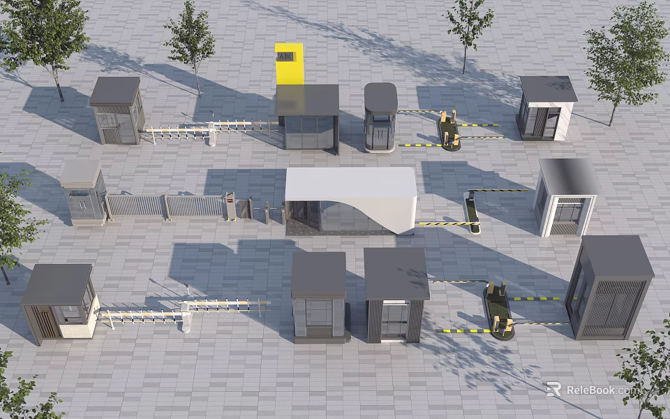 Outdoor Security Check Area With Multiple Booths Security Equipment And Trees 3d model