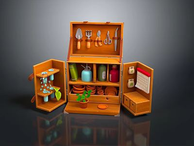 Wooden Open Decorative Cabinet With Gardening Tools Bottles Flower Pots And Calendar 3d model
