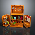 Wooden Open Decorative Cabinet With Gardening Tools Bottles Flower Pots And Calendar