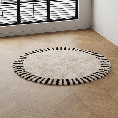 Fluffy Cream Colored Round Rug with Black Striped Border on Wooden Floor 3d model