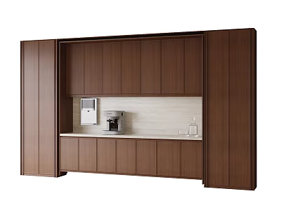 Modern Wooden Sideboard with Cabinets Marble Countertop Microwave and Coffee Maker 3d model