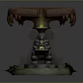 Enchanted Landscape With Wooden Stump Altar Claws Small Statue Glowing Green Light And Yellow Flowers