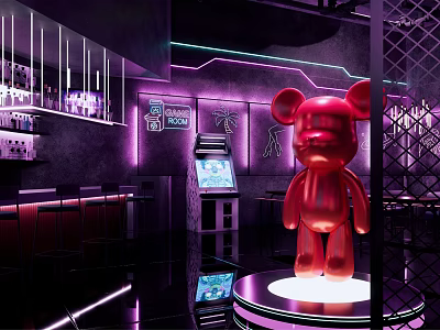 Modern Bar Interior With Red Bear Sculpture Neon Lights And Purple Lighting 3d model