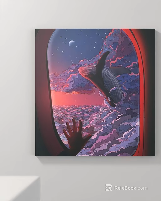 Airplane Window View Of Flying Whale In Starry Sky With Clouds And Reaching Hand 3d model 