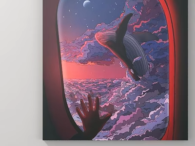 Airplane Window View Of Flying Whale In Starry Sky With Clouds And Reaching Hand 3d model