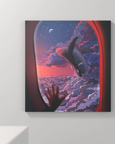 Airplane Window View Of Flying Whale In Starry Sky With Clouds And Reaching Hand 3d model