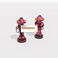 Two red fire hydrants with metal chains serving as outdoor public safety equipment