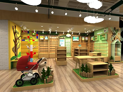 Children's Products Specialty Store With Red Baby Stroller Rabbit Plush Wooden Shelves And Green Plants 3d model