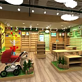 Children's Products Specialty Store With Red Baby Stroller Rabbit Plush Wooden Shelves And Green Plants